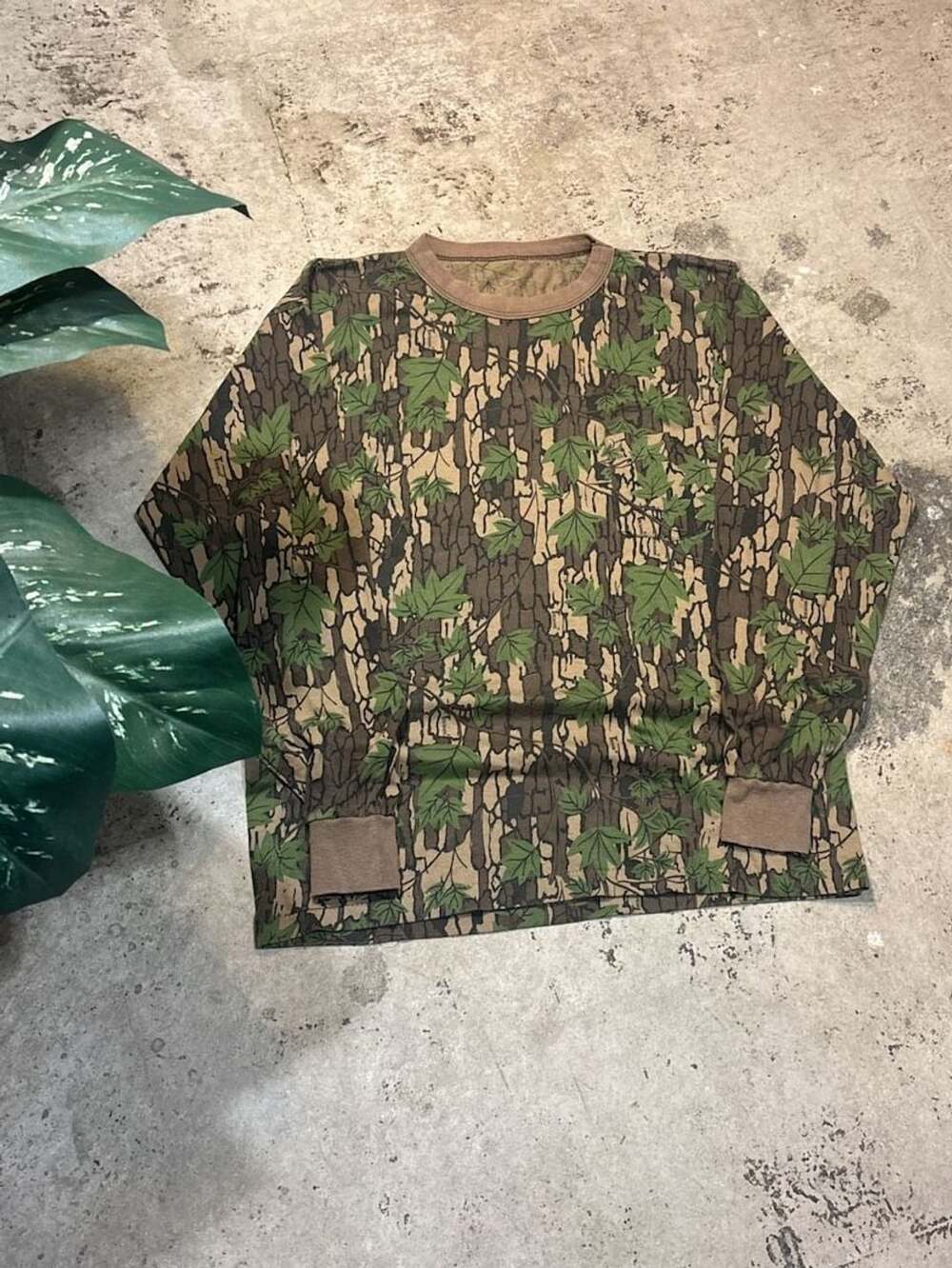 Trebark Camouflage Long Sleeve Pocket Shirt Brown Green Leaf 90s